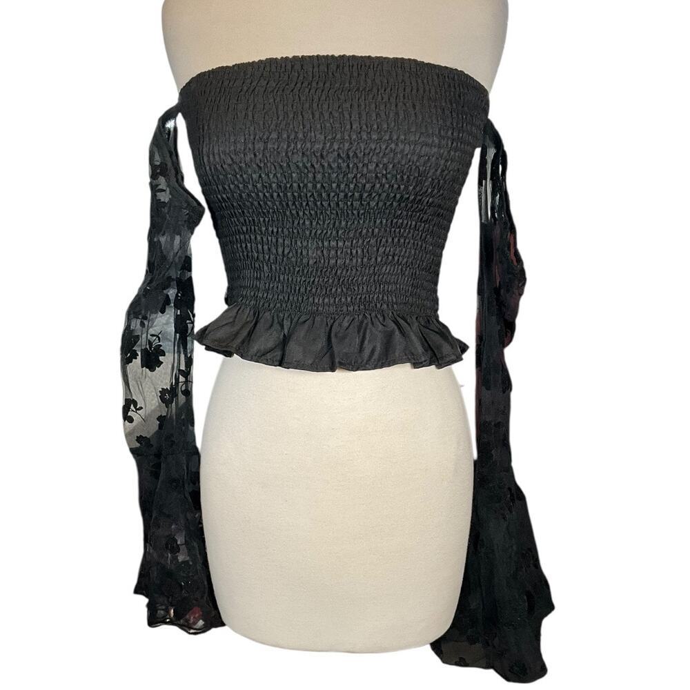 Romwe Y2K Black Sheer Floral Off Shoulder Smocked Bell Sleeve Boho Goth Y2K XL